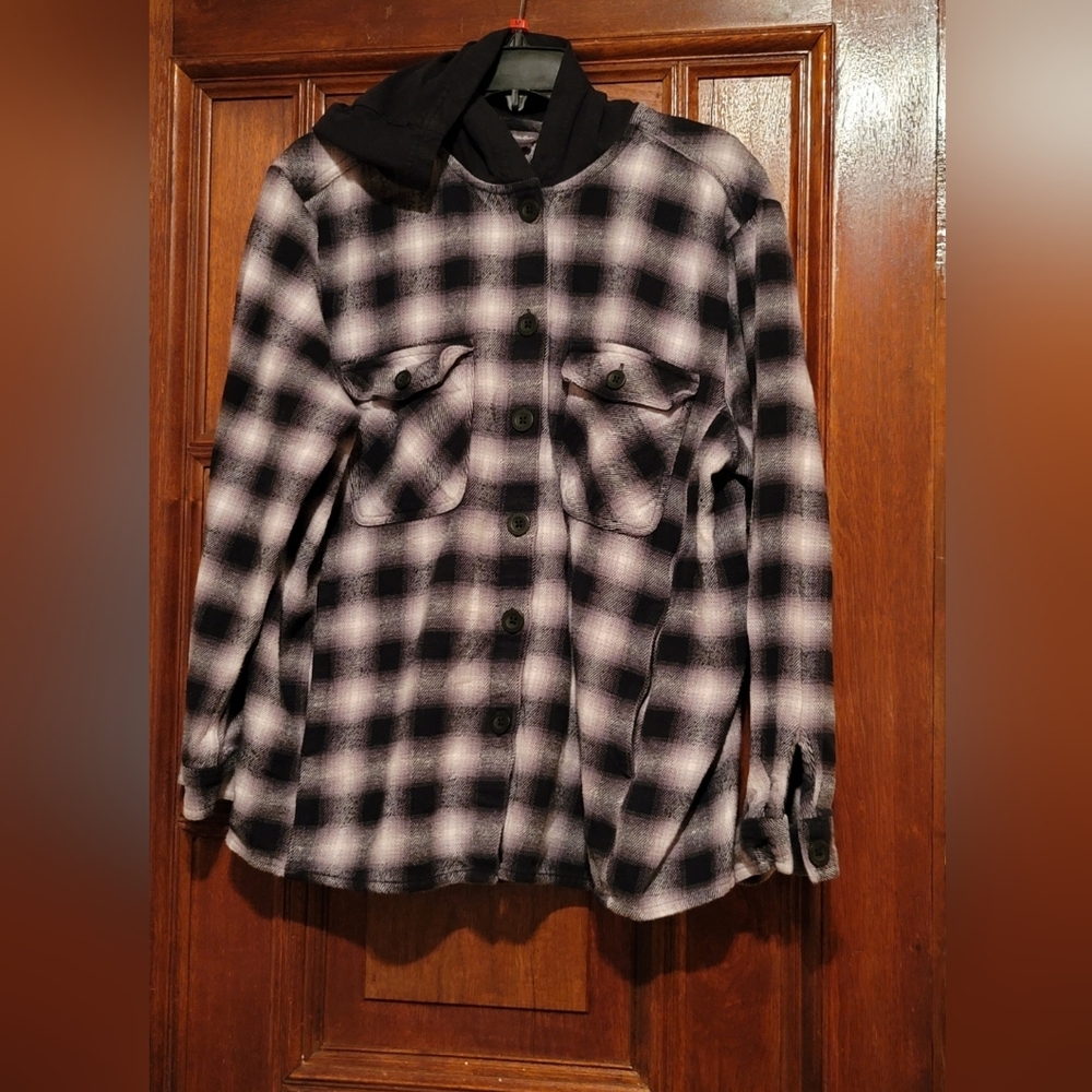 Vintage Eddie Bauer Women's Flannel Shirt Jacket With Hood Size XL